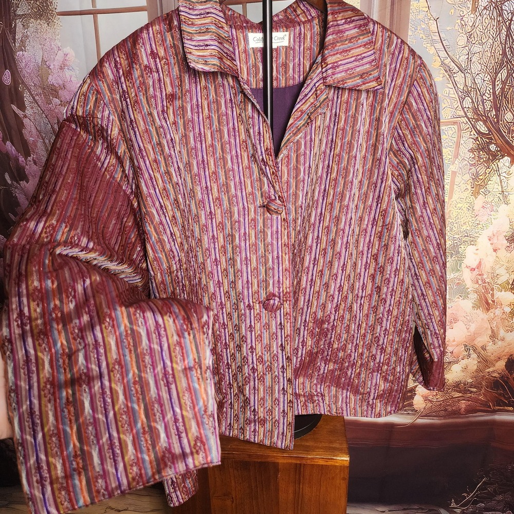 Brocade striped button front jacket maroon red purple long sleeve and collared